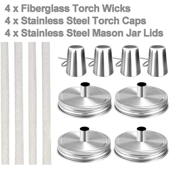 Mason Jar Tabletop Torch Kits,4 Pack Longlife Fiberglass Wicks,Stainless Steel - Picture 6 of 8
